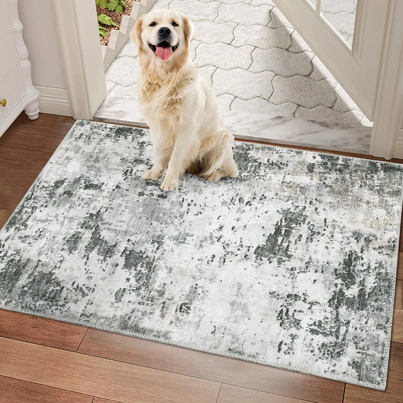 RUGSREAL Small Area Rug 2x3 Modern Abstract Rugs Machine Washable Area Rug Entryway Rug Anti-Slip Backing Non-Shedding Rug Low Pile Thin Rug for Bedroom Kitchen Green/Grey