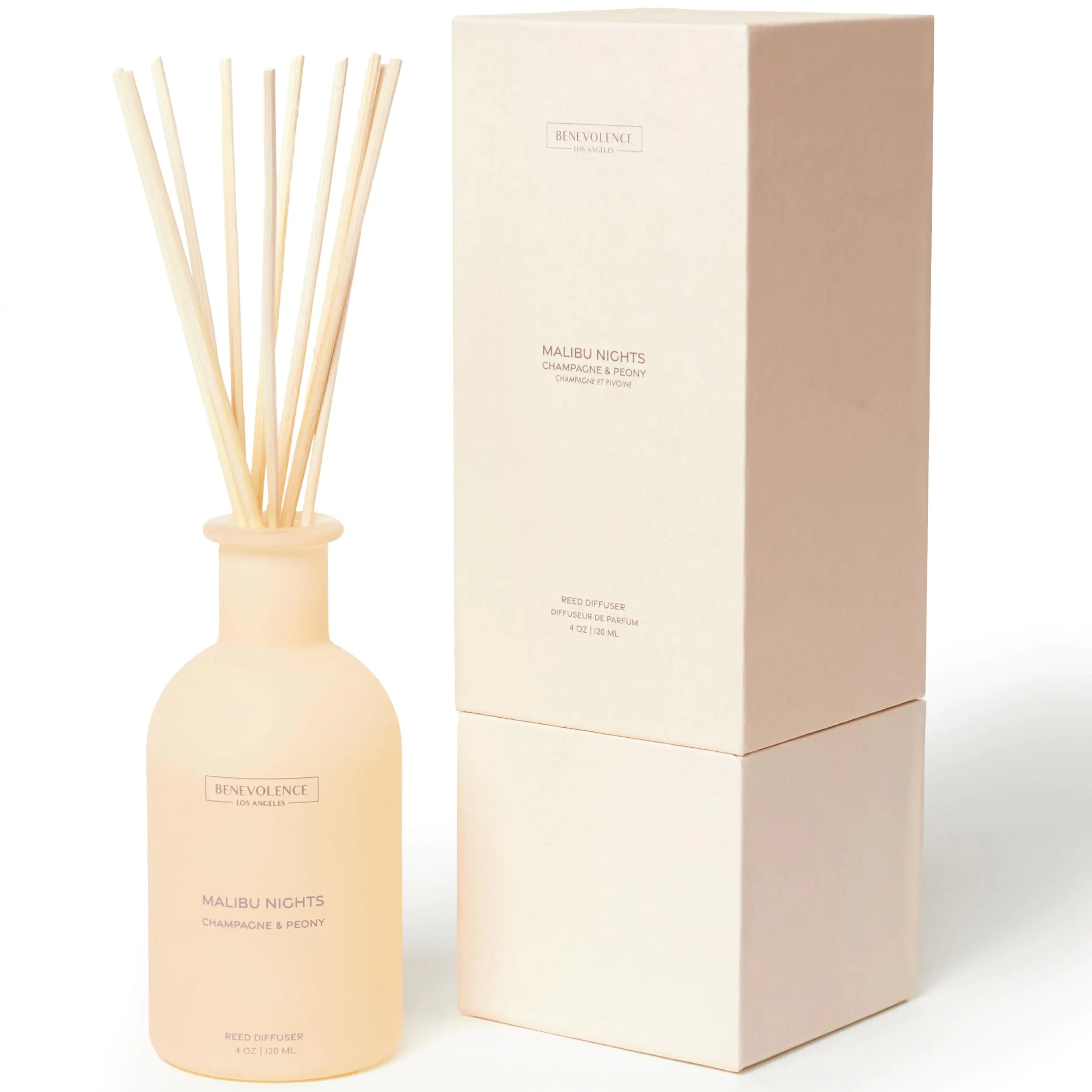 Benevolence LA Reed Diffusers for Home - Champagne & Peony | Luxurious Home & Bathroom Decor | Long-Lasting Scent Diffuser for Home - Malibu Sands Collection