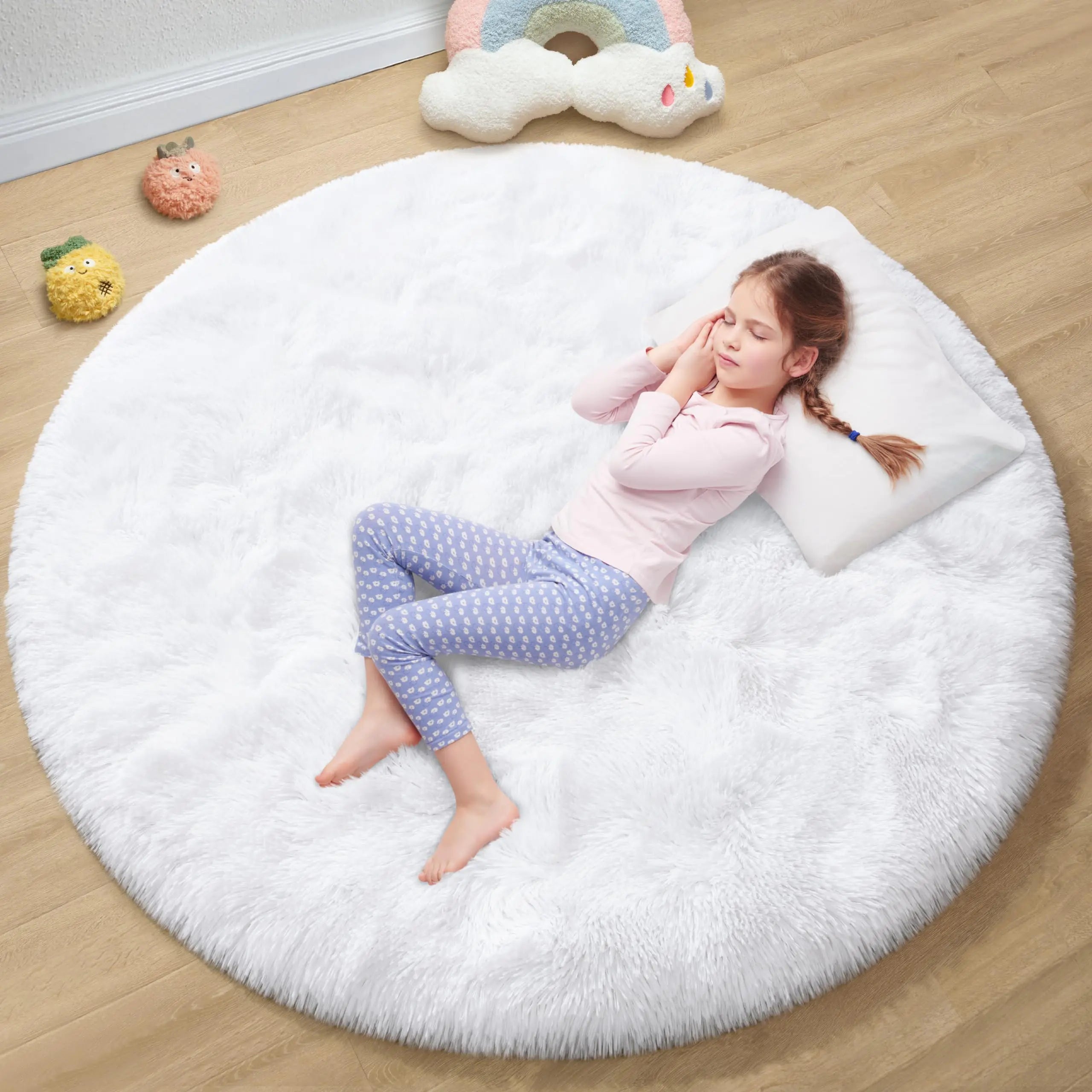 EVOIONOS White Round Rug for Girls Bedroom Fluffy Circle Rug for Kids Room 4x4 Feet Fuzzy Circular Rug Soft Plush Area Rug for Bedroom Non Slip Shaggy Living Room Rug Nursery Dorm Cute Small Rug